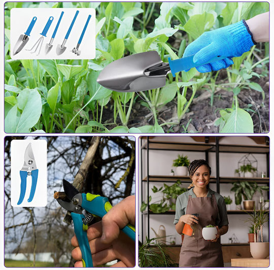 Set 10 Unelte de Grădină Flippy Plantare Prelucrare Sol Îngrijire Plante Mânere Albastre Pvc Material Oțel Inoxidabil Cutie Inclusă 37x28x7 Cm Negru
