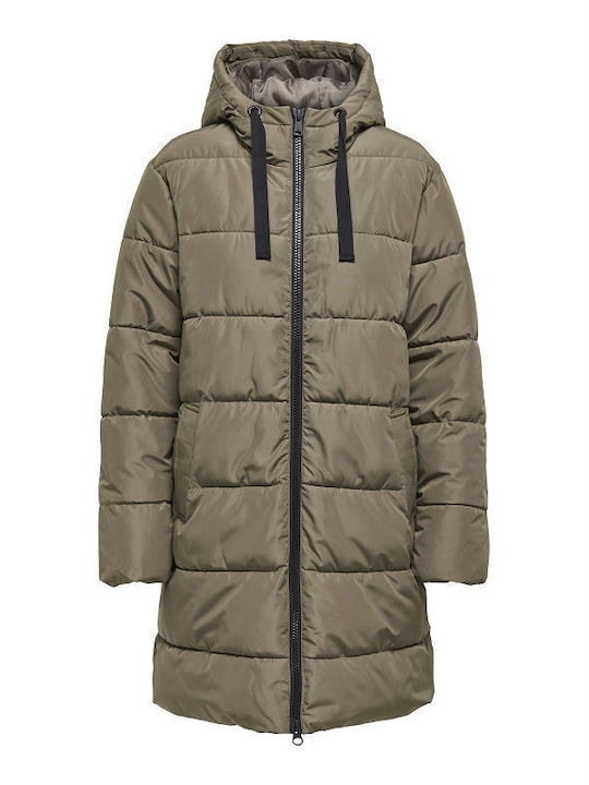 Women's Long Puffer Jacket for Winter with Hood Khaki
