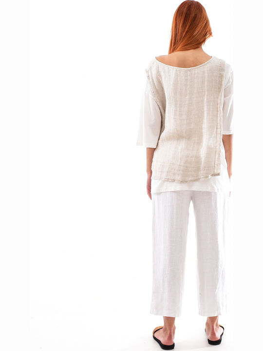 Blouse Women's Summer Blouse Linen Short Sleeve Beige