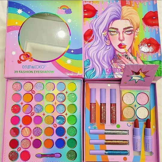 Set Machiaj Kevin Coco 39 Culori Pigmentate Farduri de Ochi Ruj Gloss Eyeliner Blush Curcubeu