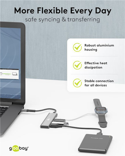 Goobay USB-Hub 4 Anschlüsse USB 3.2 mit Anschluss an einen Computer USB-C / USB-A Graues