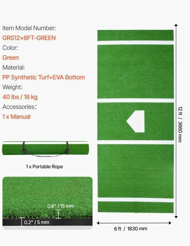 Vevor 366x183cm Baseball Hitting Mat Softball Batting Mat Outdoor Training Green