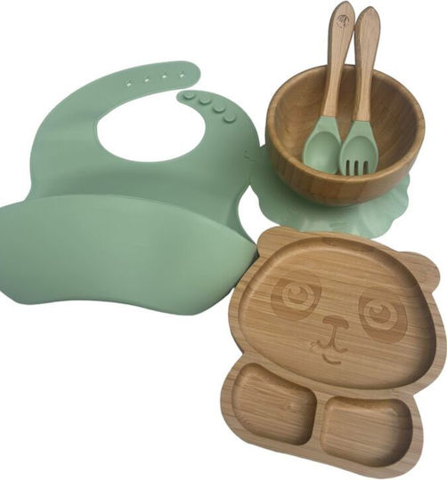 Queen Mother Panda Feeding Set Made of Silicone with Anti-Slip Base Green 5 Pieces for 6+ Months