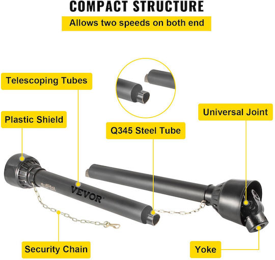 Vevor PTO Shaft PTO Drive Shaft 1-3/8" x 6 Spline Ends Round End T4 43"-61"