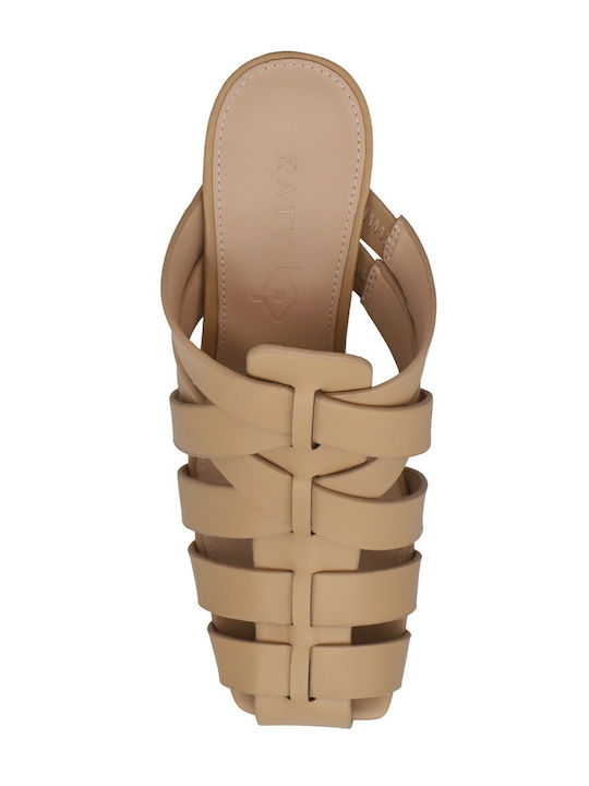 Leather Mules with Chunky Heel in Beige Color