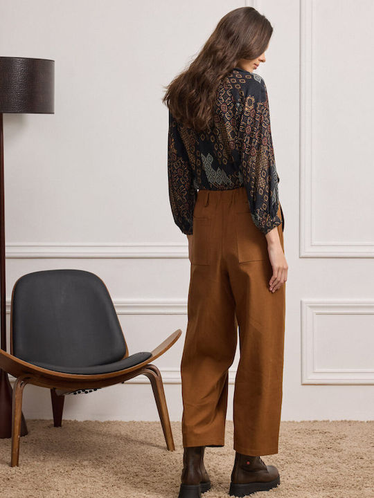 Women's Fabric Capri Trousers with Elastic Relaxed Fit Caramel