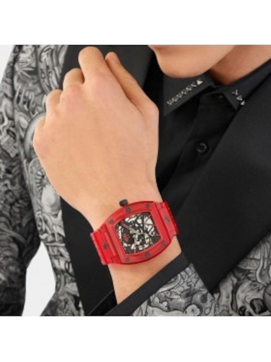 Philipp Plein Skeleton Ανδρικό Ρολόι Αυτόματο με Κόκκινο Καουτσούκ Λουράκι