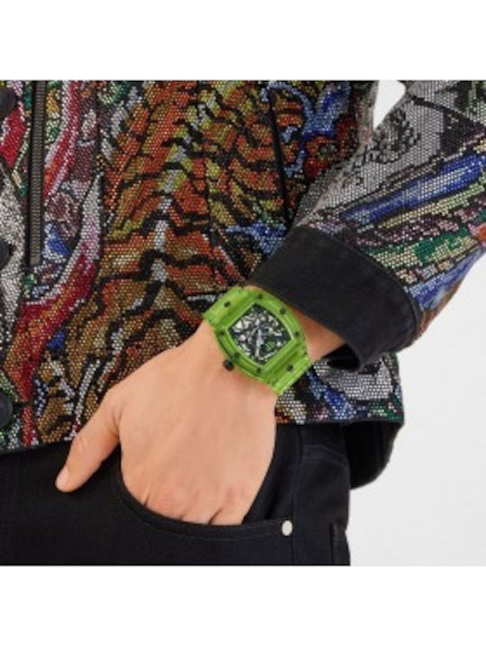 Philipp Plein Skeleton Ceas Barbatesc Automat cu Curea din Cauciuc Verde