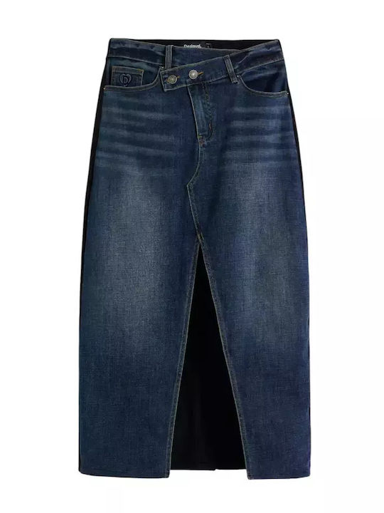 Twisted Denim Midi Skirt Dark Blue