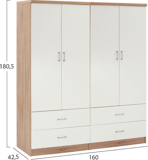 Reina Τετράφυλλη Ντουλάπα 160x42.5x180.5cm Λευκό-σοναμα