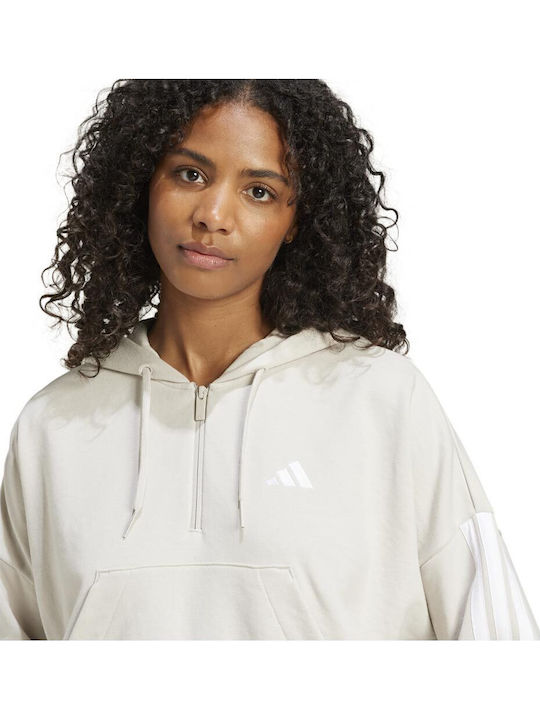 Essentials 3-stripes French Terry Γυναικεία Ζακέτα Φούτερ με Κουκούλα Εκρού