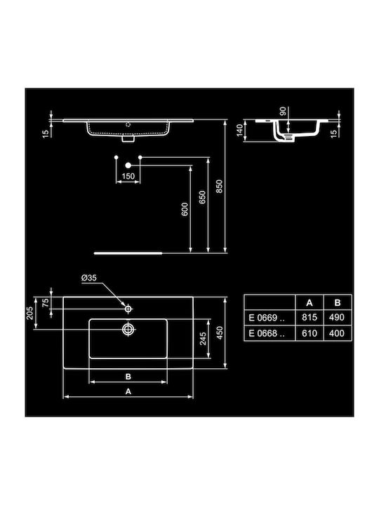 Ideal Standard Tempo Eingelassenes Waschbecken Porzellan 81.5x45x14cm Weiß