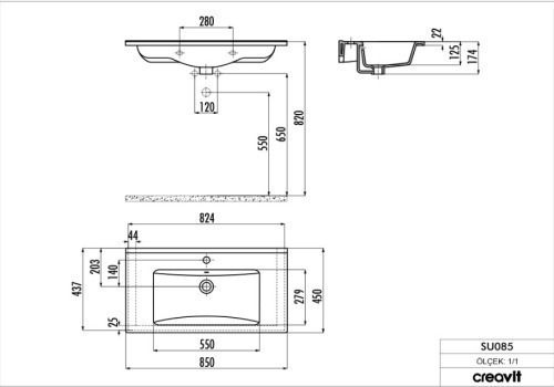 Creavit Slim Inset Sink Porcelain 85x45x17.9cm White