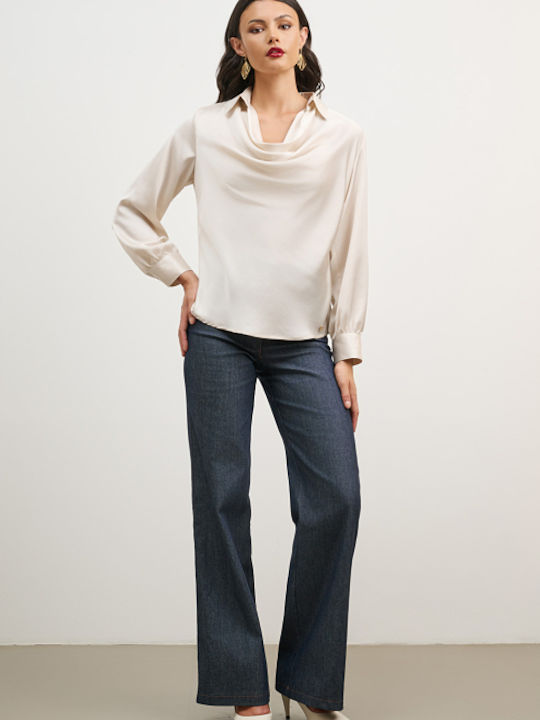 Women's Blouse Satin Long Sleeve Drape Beige