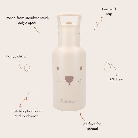 Kidzroom Sticlă Pentru Copii Termos Din Oțel Inoxidabil Cu Pai Bej 350ml