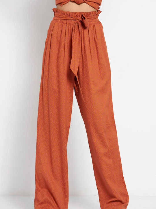 FBL007-12002 Damen Hoch tailliert Stoff Hose mit Gummizug Terracota