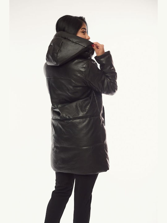 Women's Long Lifestyle Artificial Leather Jacket for Winter with Hood Black