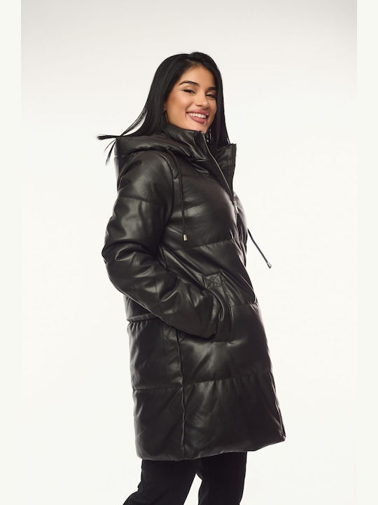 Women's Long Lifestyle Artificial Leather Jacket for Winter with Hood Black