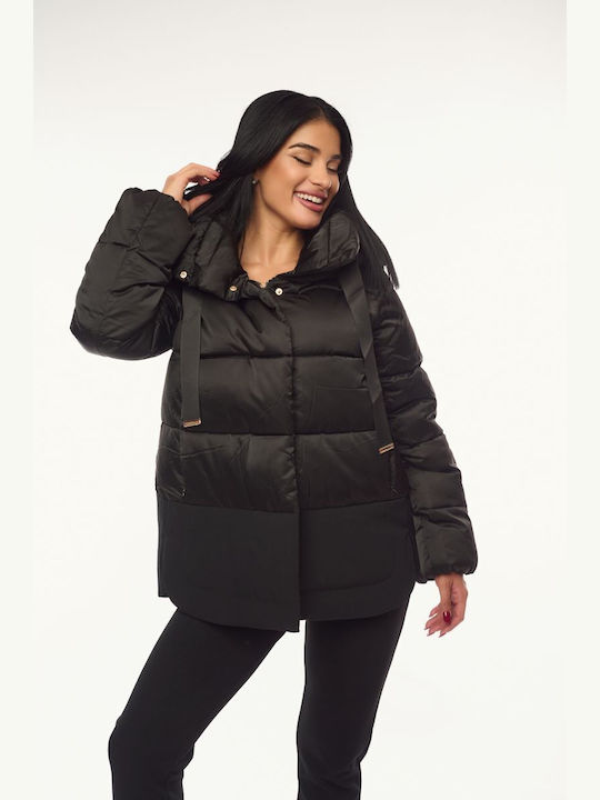 Women's Short Lifestyle Jacket for Winter with Hood Black