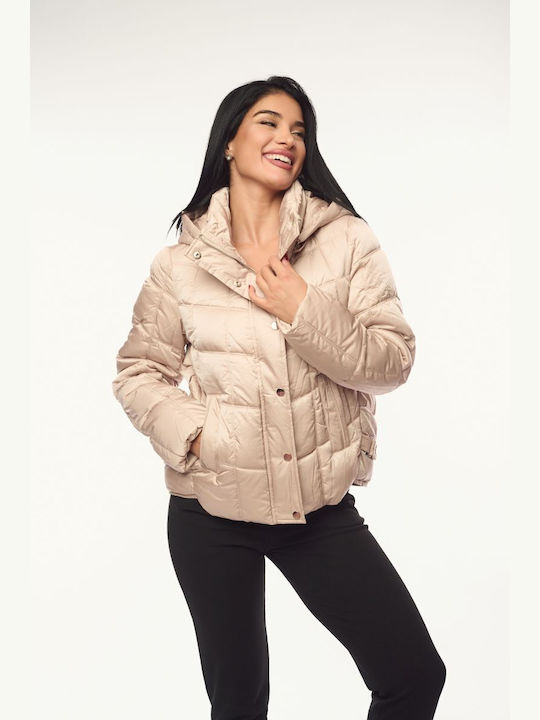 Women's Short Lifestyle Jacket for Winter with Hood Beige