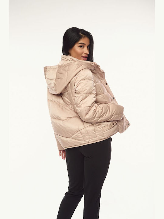 Women's Short Lifestyle Jacket for Winter with Hood Beige