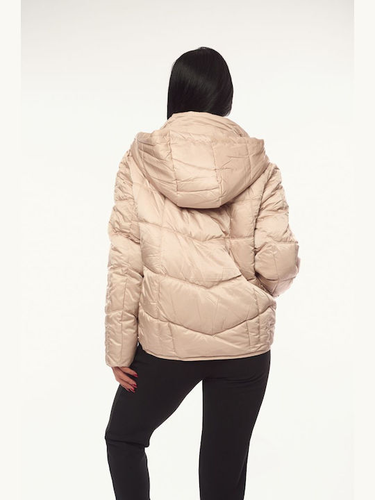 Women's Short Lifestyle Jacket for Winter with Hood Beige