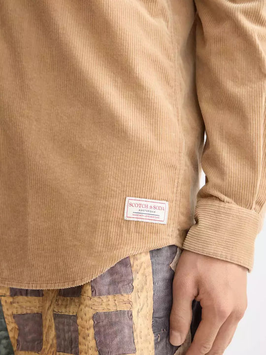 Corduroy Μακρυμάνικo Κοτλέ Πουκάμισο σε Κανονική Γραμμή Καφέ