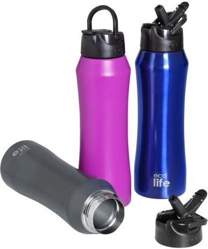 Ecolife Recyclable Bottle Thermos Stainless Steel / Plastic BPA Free 550ml Blue with Straw