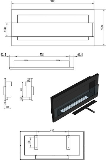 Globmetal Стенен Биоетанолова камина Вътрешно пространство Бял 90x12x40см
