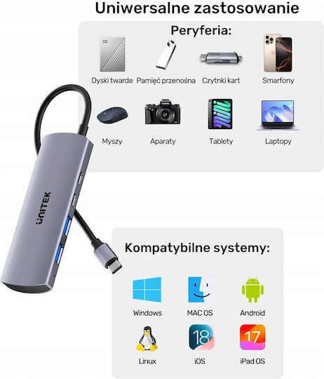 Unitek USB-Hub 4 Anschlüsse USB 3.0 mit USB-C Anschluss Silber