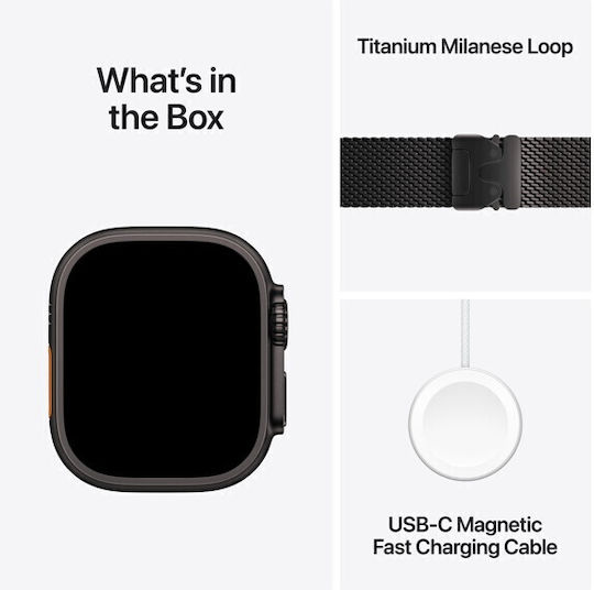 Apple Watch Ultra 3 Titanium 49mm Waterproof with eSIM and Heart Rate Monitor (Black Titanium Case with Black Titanium Milanese Loop - Medium)