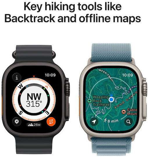 Apple Watch Ultra 3 Титан 49мм Водоустойчив с eSIM и Пулсомер (Natural Titanium Case with Blue/Bright Blue Trail Loop - M/L)