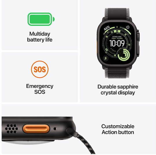 Apple Watch Ultra 3 Titan 49mm Rezistent la apă cu eSIM (Black Titanium Case with Black Alpine Loop - Large)