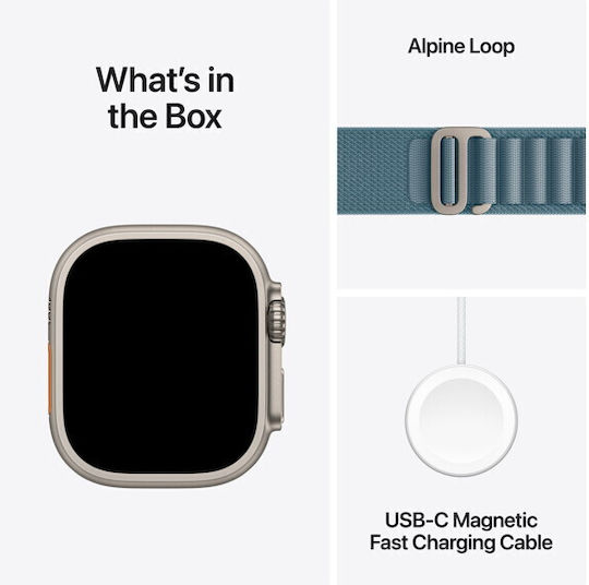 Apple Watch Ultra 3 Titan 49mm Rezistent la apă cu eSIM (Natural Titanium Case with Light Blue Alpine Loop - Large)