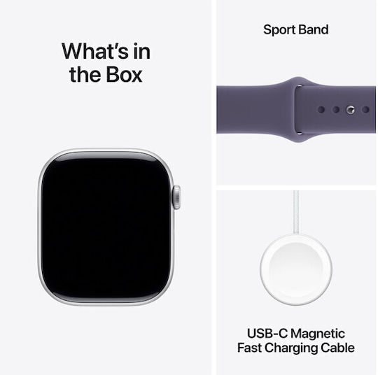 Apple Watch Series 11 Aluminium 42mm Wasserdicht mit Pulsmesser (Silver Aluminium Case with Purple Fog Sport Band - M/L)