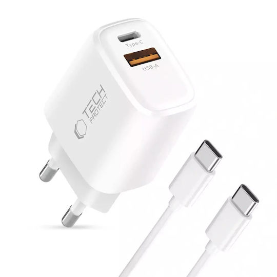 Tech-Protect с USB-A порт и USB-C порт и кабел USB-C - USB-C 30W Power Delivery / Quick Charge 3.0 Бял (NCA30)