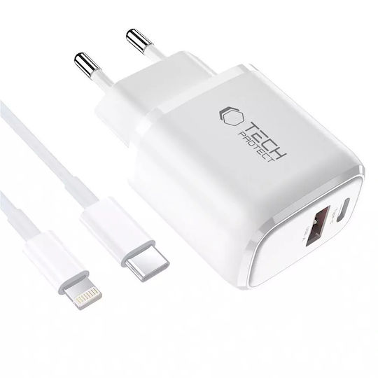 Tech-Protect Ladegerät mit USB-A Anschluss und USB-C Anschluss und Kabel USB-C - Lightning 30W Stromlieferung / Schnellaufladung 3.0 Weißs (NCA30)