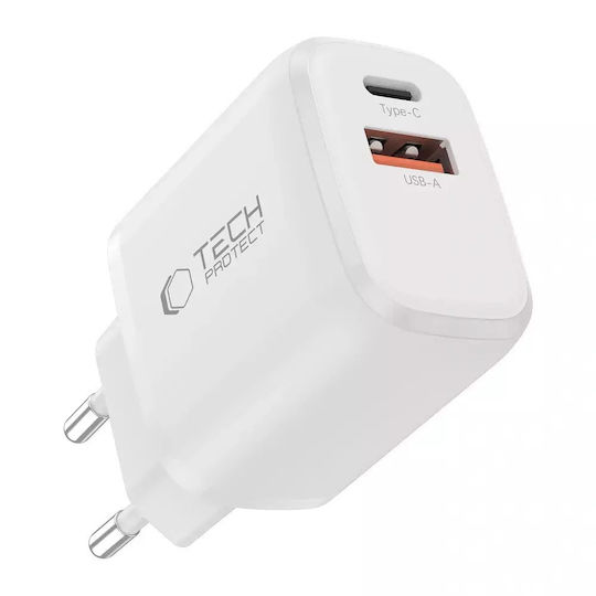 Tech-Protect Ladegerät mit USB-A Anschluss und USB-C Anschluss und Kabel USB-C - Lightning 30W Stromlieferung / Schnellaufladung 3.0 Weißs (NCA30)