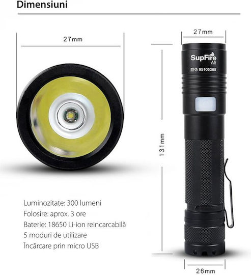 Supfire Lanternă cu Bliț LED Reîncărcabilă cu Luminozitate Maximă 300 Lumen