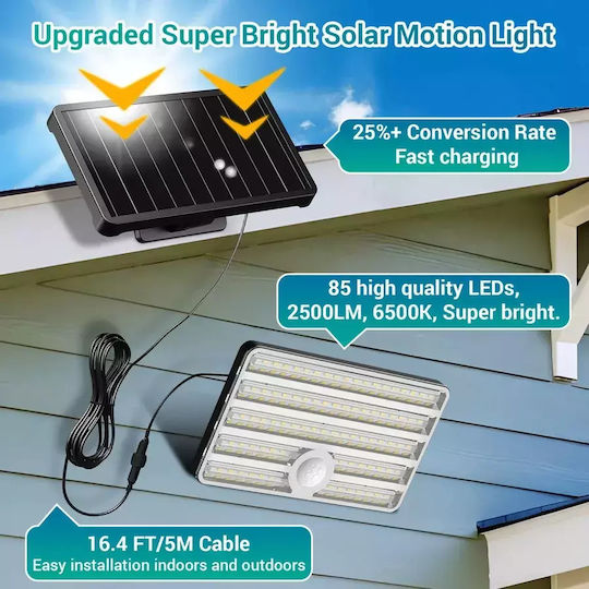 Lampa Ustellar Montat pe perete Lampă Solară 2500lm Alb Rece 6500K cu Senzor de Mișcare și Telecomandă IP65
