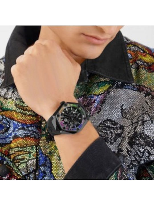 Philipp Plein Skull Ανδρικό Ρολόι Μπαταρίας με Μαύρο Καουτσούκ Λουράκι