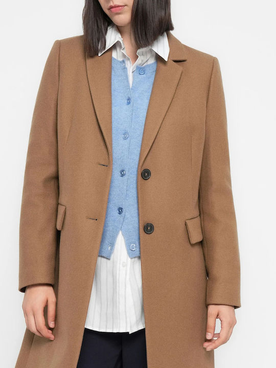 Wool Women's Biege Coat with Buttons