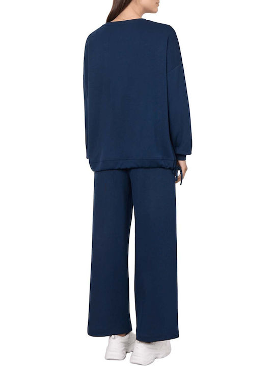 Damen Hoch tailliert Stoff Hose mit Gummizug Blue