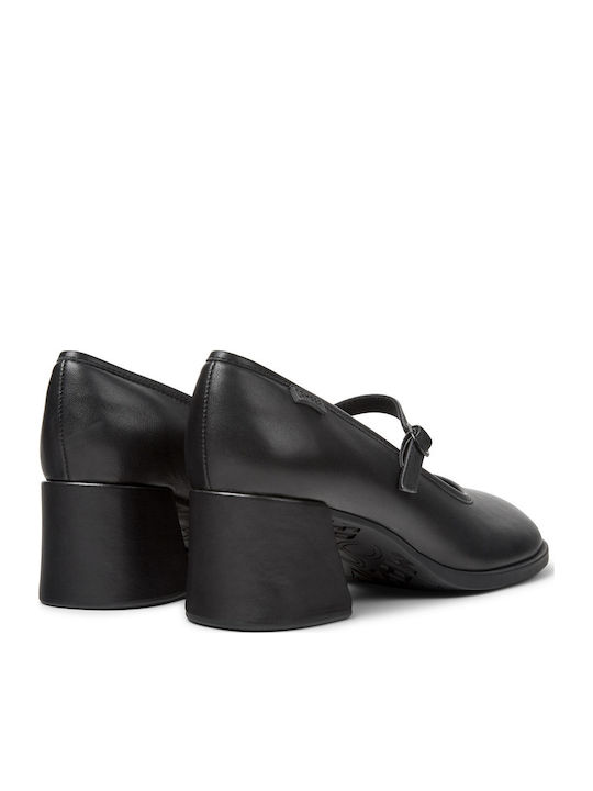 Leather Black Medium Heels with Strap