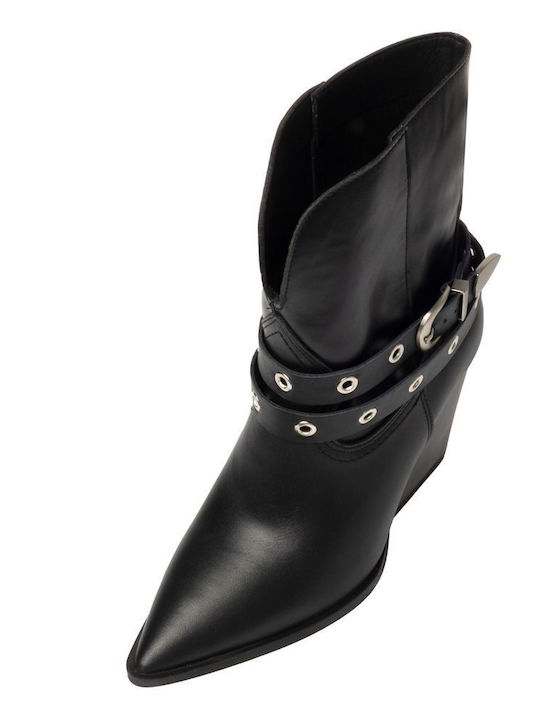 Leather Women's Cowboy Boots with High Heel Black