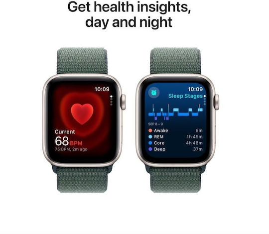 Apple Watch SE 2024 Aluminium 44mm Waterproof with Heart Rate Monitor (Starlight with Lake Green Sport Loop)