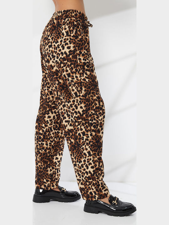 Women's Fabric Trousers with Elastic Leopard
