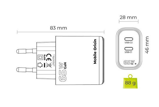 Mobile Origin Mobile Phone Charger Without Cable GaN with 2 USB-C Output Ports 65W Power Delivery White