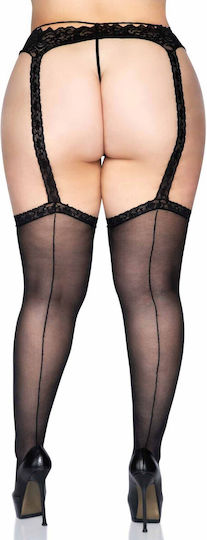 721766q Sheer Back Seam Garter Belt Stocking Plus Si Σετ Καλτσοδέτες Μαύρες