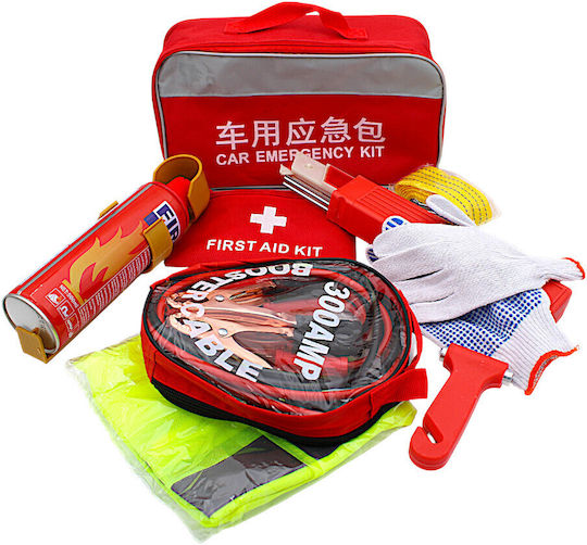 Car Safety KTEO Kit with First Aid Kit Fire Extinguisher Warning Triangle Reflective Vest Jump Leads Tow Rope Emergency Hammer & Gloves